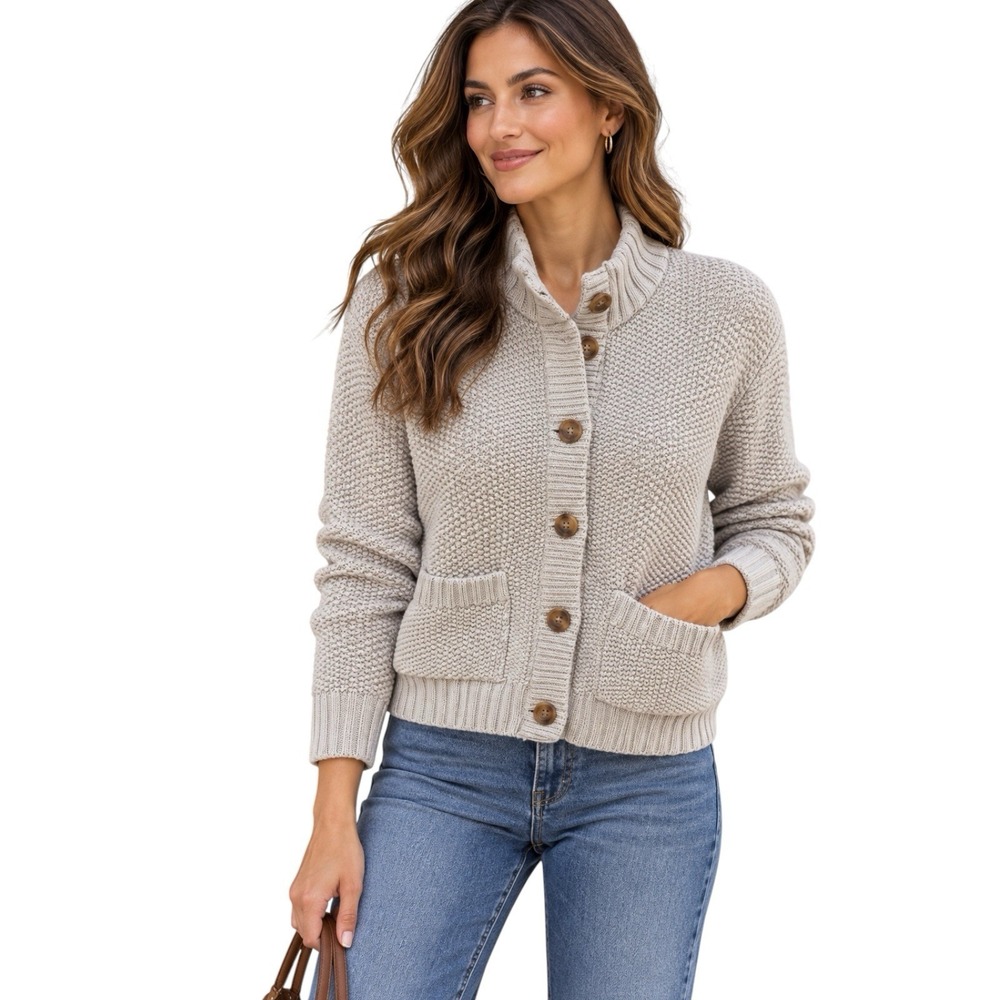 Magaschoni 100% Cotton Cardigan Sweater XS Oat Beige Button Front.NWT